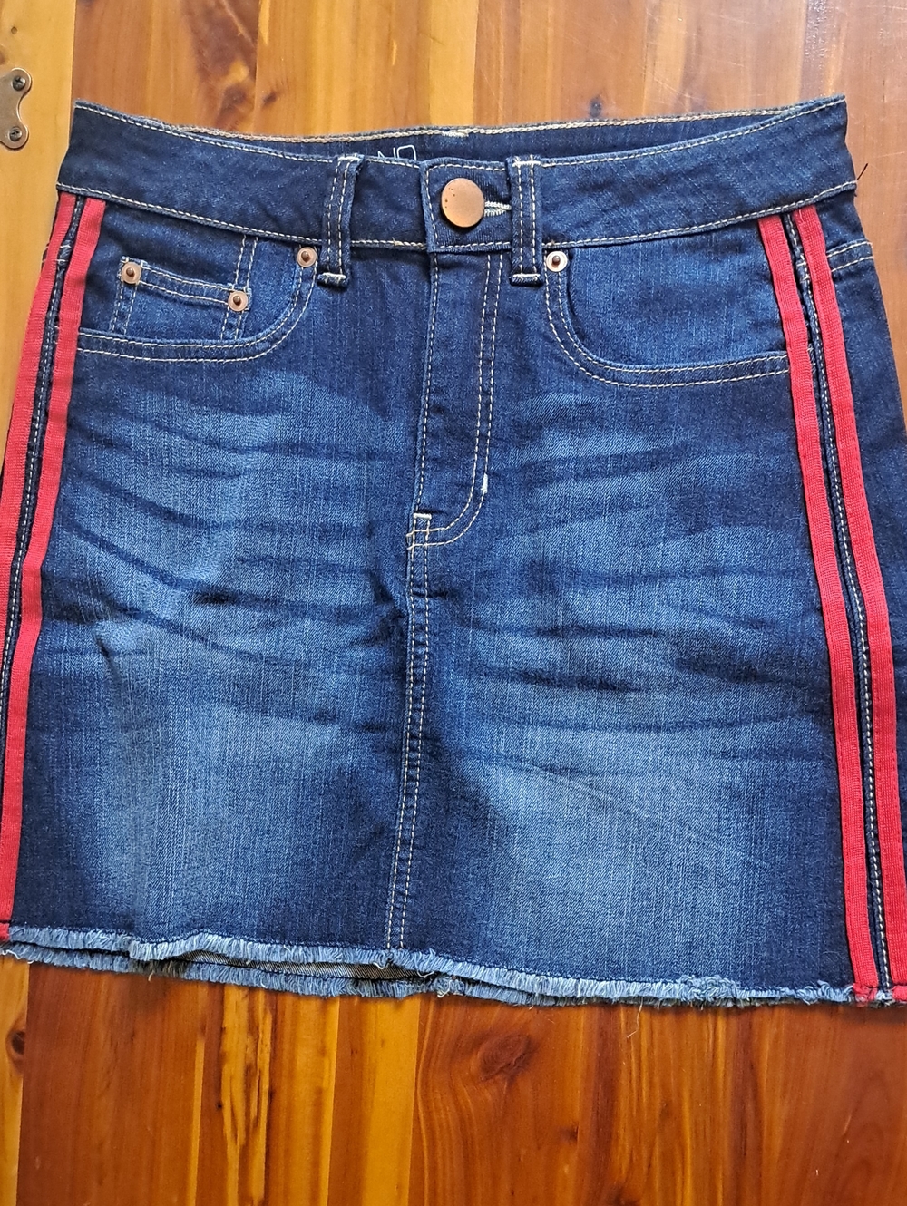 NOBO Dark Blue Denim Mini Skirt with Red Side Stripes